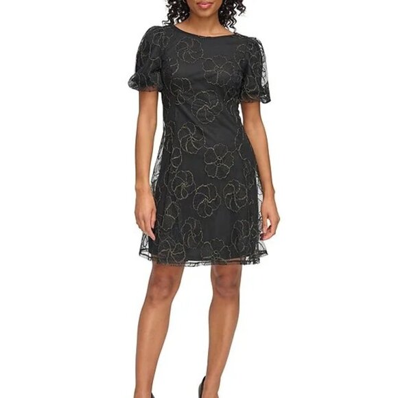 DKNY Women's Floral-Embellished Puff-Sleeve Dress Black/Gold Size 16 - Picture 2 of 10